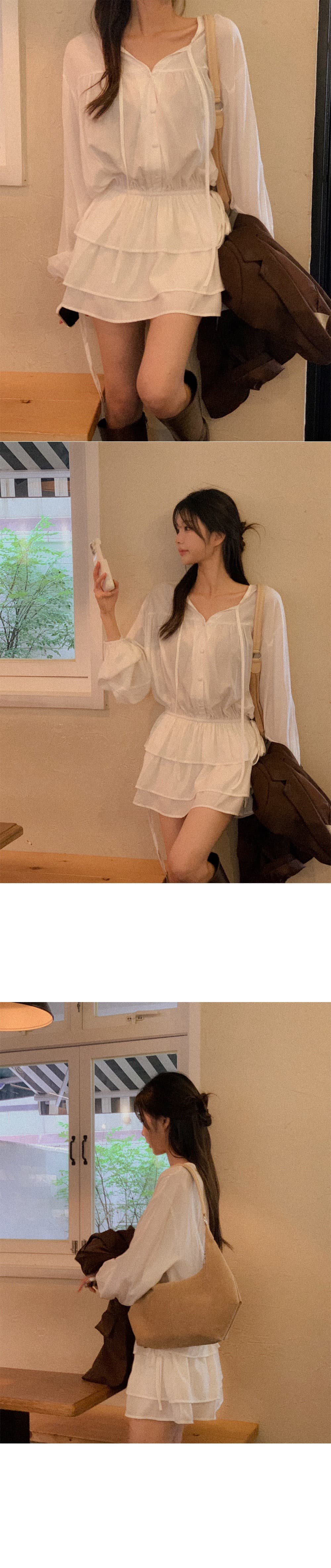 한국 동대문 2026 가을 새로운 V넥 레이스업 펌프 로프 허리 수축 중간 길이 셔츠 드레스 상세 이미지 19