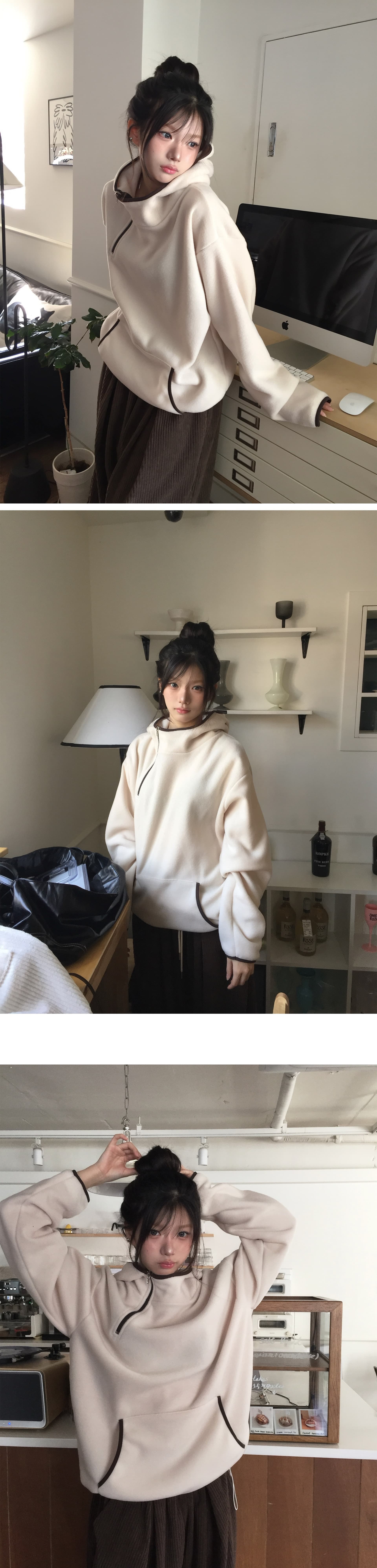 재고 있음 레트로 기능 중성 플리스 후드 보온 후드티 상세 이미지 2