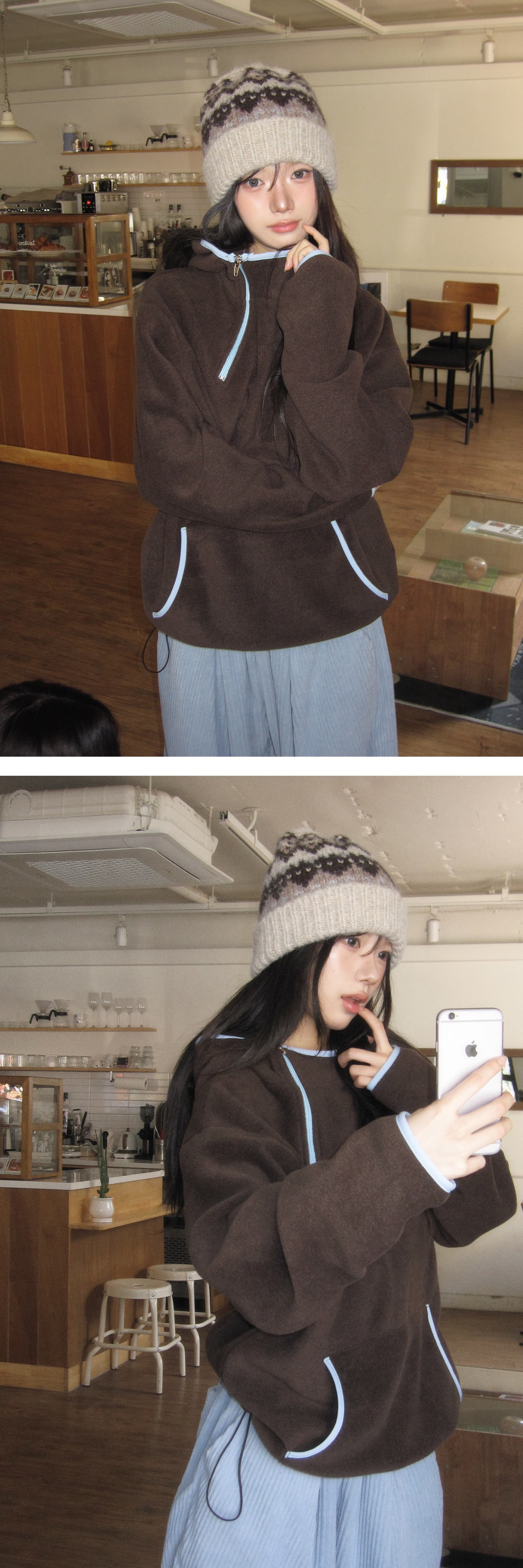 재고 있음 레트로 기능 중성 플리스 후드 보온 후드티 상세 이미지 5