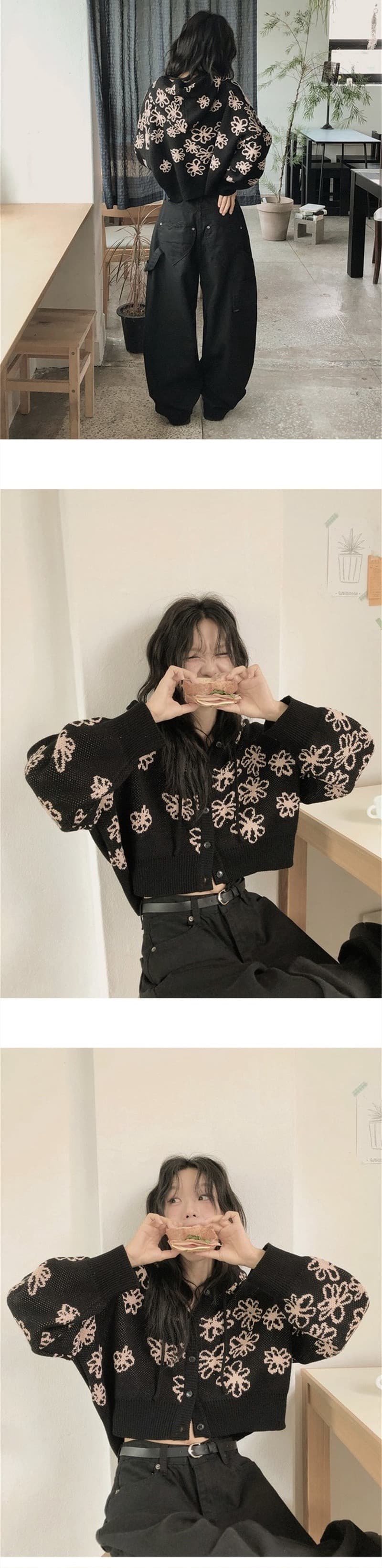 한국 가을 새로운 작은 대중 디자인 센스 꽃 자카드 루즈핏 긴팔 후드 니트 오픈 가디건 여성 코트 상세 이미지 4