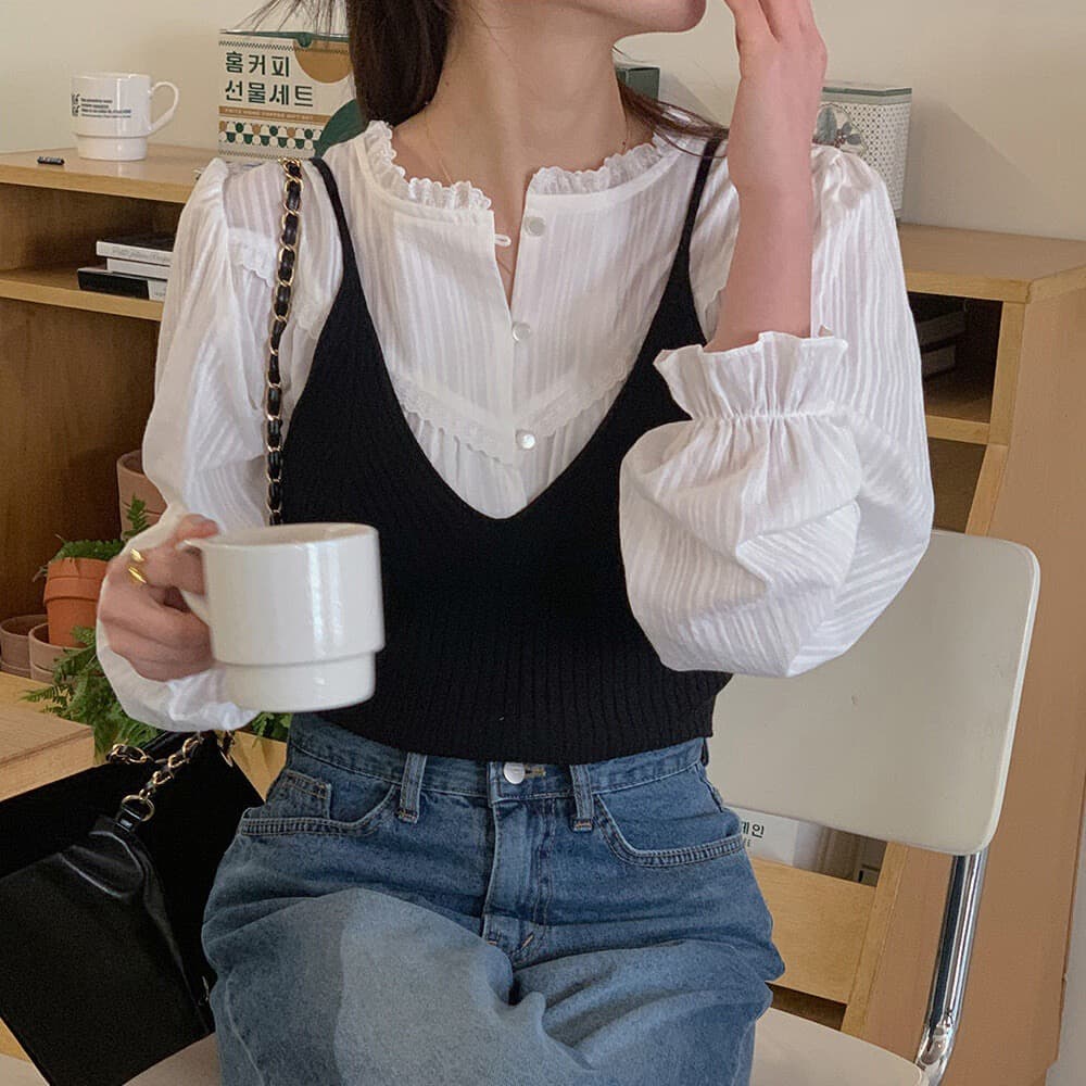 재고 있음 한국 chic 프랑스식 품격 레이스 레이스 칼라 여성 셔츠 작은 키 부드러운 바람 Chic 인사이드 가져 가라. 셔츠 이미지 4