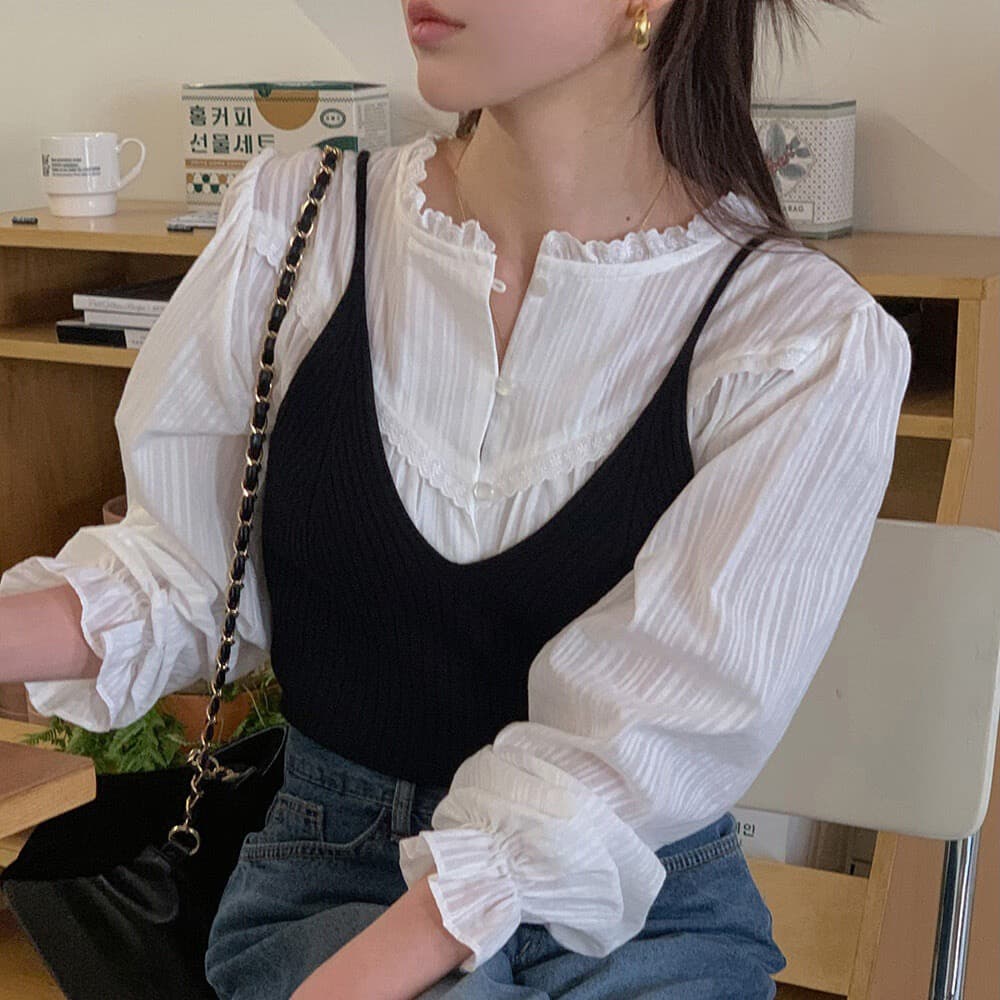 재고 있음 한국 chic 프랑스식 품격 레이스 레이스 칼라 여성 셔츠 작은 키 부드러운 바람 Chic 인사이드 가져 가라. 셔츠 상세 이미지 8