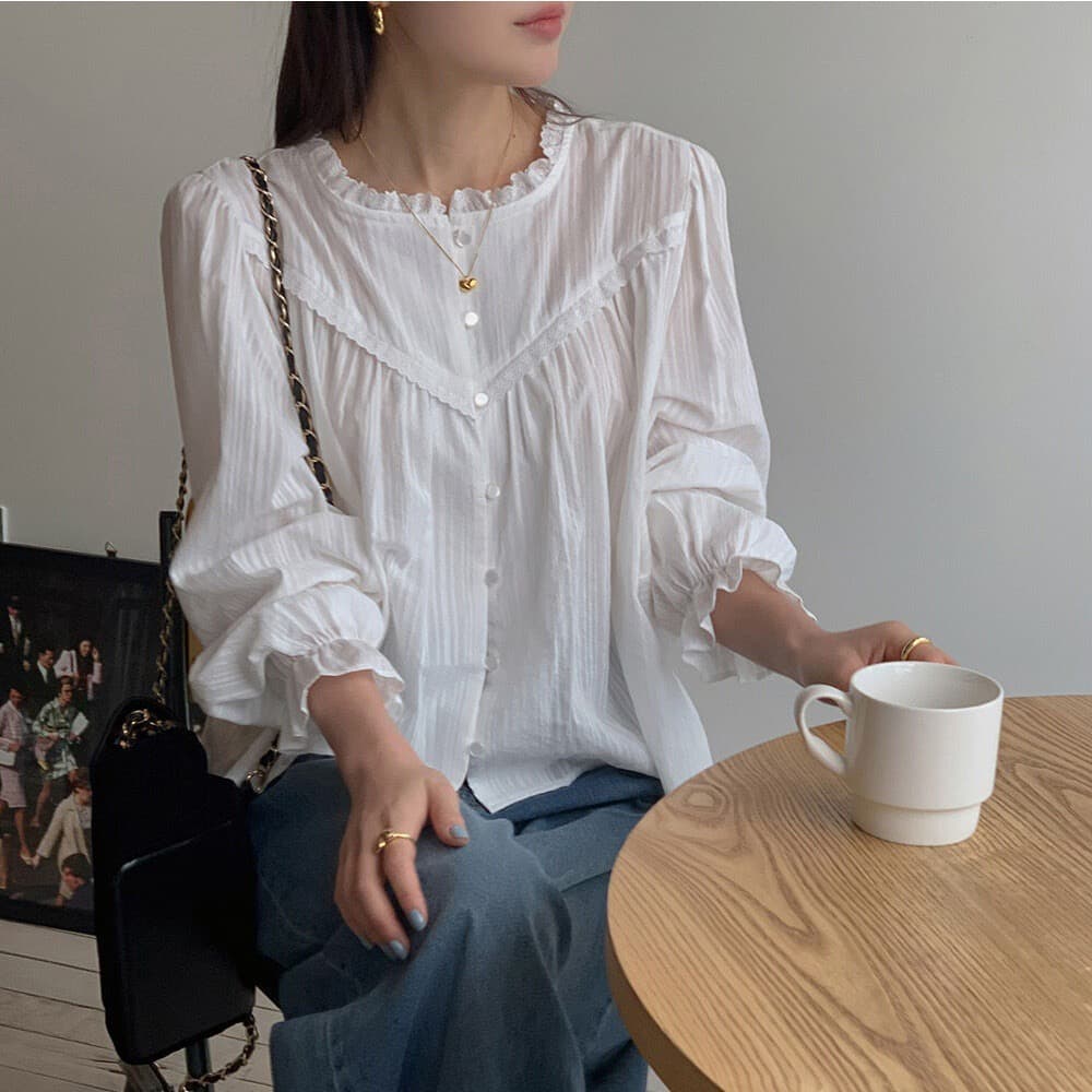 재고 있음 한국 chic 프랑스식 품격 레이스 레이스 칼라 여성 셔츠 작은 키 부드러운 바람 Chic 인사이드 가져 가라. 셔츠 상세 이미지 9