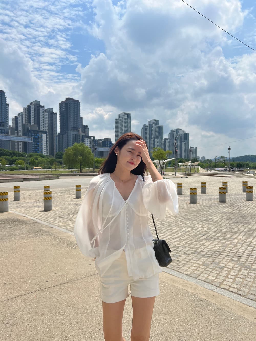 품격 V넥 벌룬 소매 쉬폰 블라우스 한국 스타일 chic 빛 요리 한 패션 명문 여성 숙녀 단색 루즈핏 빅 사이즈 상세 이미지 5