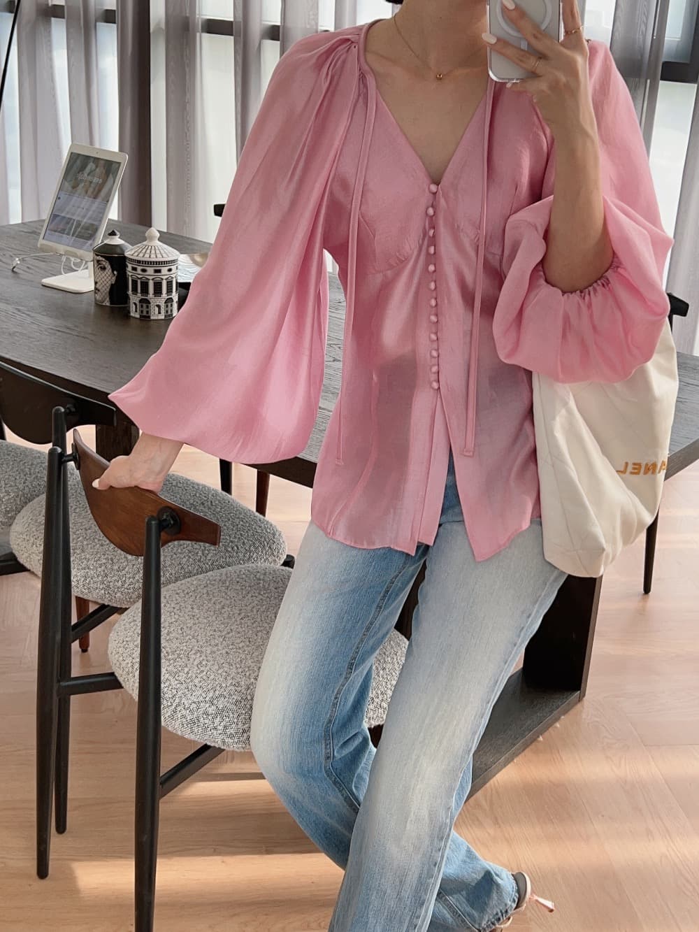 품격 V넥 벌룬 소매 쉬폰 블라우스 한국 스타일 chic 빛 요리 한 패션 명문 여성 숙녀 단색 루즈핏 빅 사이즈 상세 이미지 18