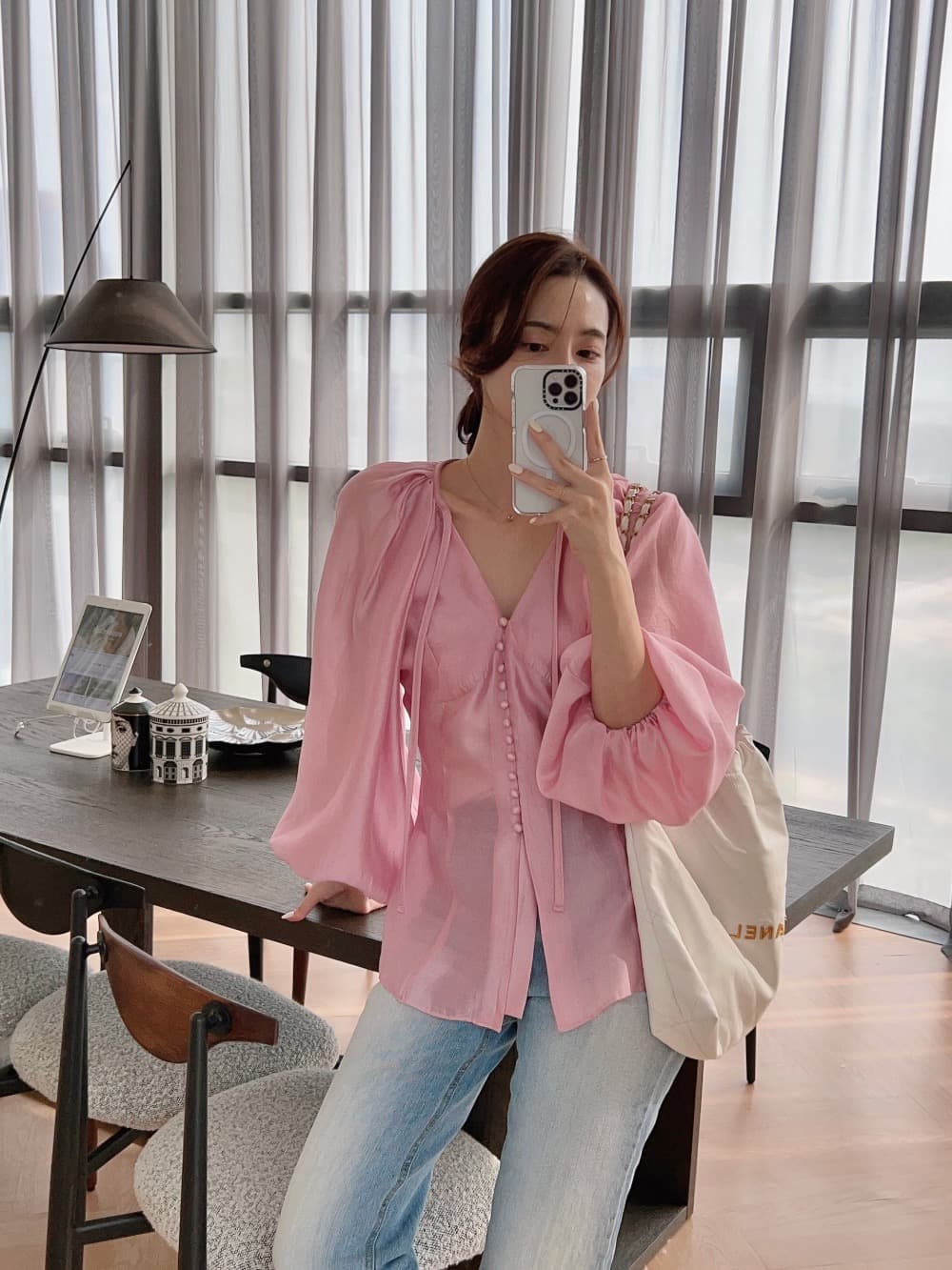 품격 V넥 벌룬 소매 쉬폰 블라우스 한국 스타일 chic 빛 요리 한 패션 명문 여성 숙녀 단색 루즈핏 빅 사이즈 상세 이미지 19