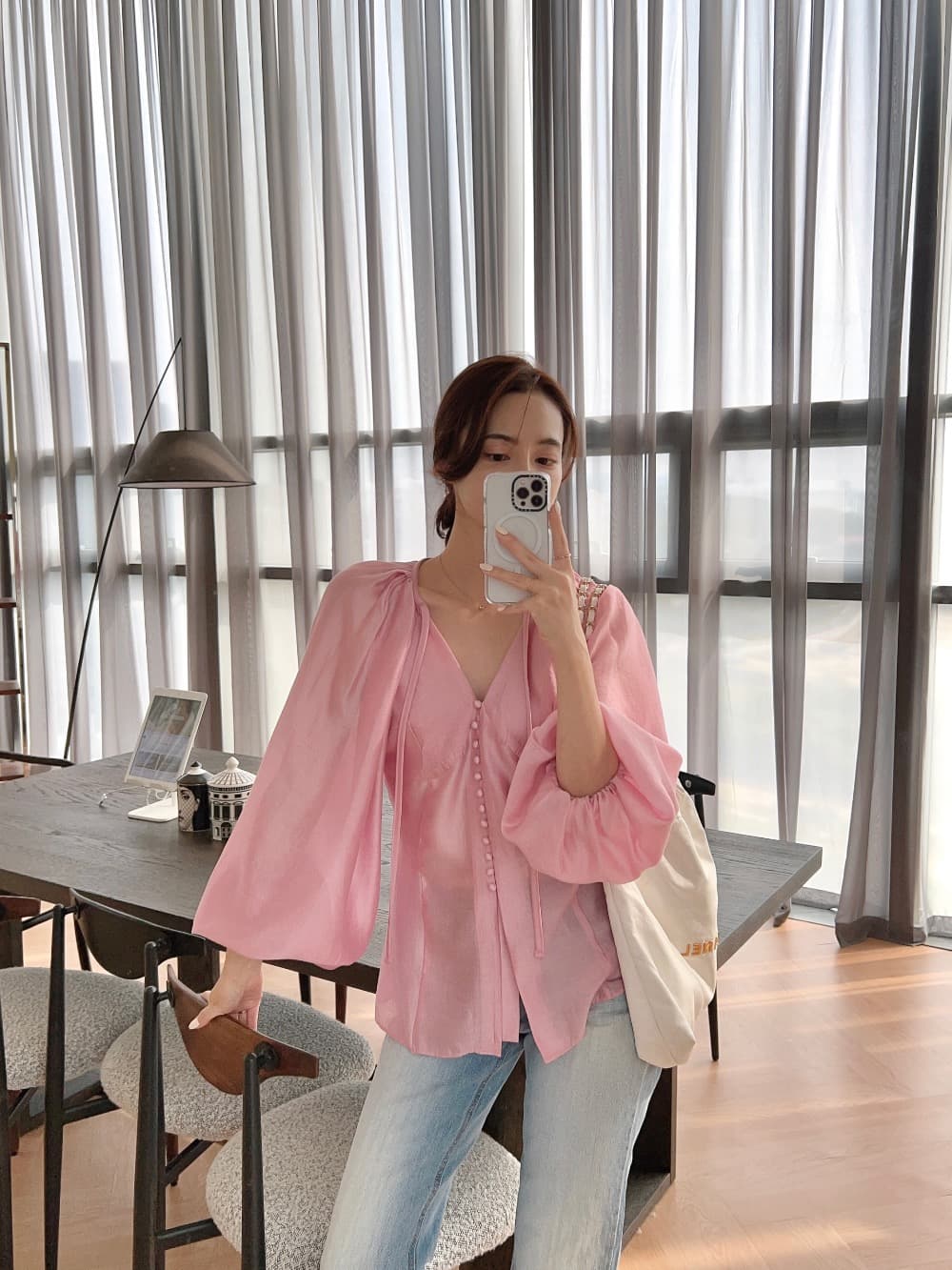 품격 V넥 벌룬 소매 쉬폰 블라우스 한국 스타일 chic 빛 요리 한 패션 명문 여성 숙녀 단색 루즈핏 빅 사이즈 상세 이미지 20