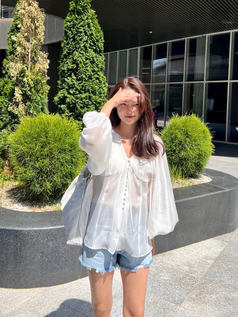 품격 V넥 벌룬 소매 쉬폰 블라우스 한국 스타일 chic 빛 요리 한 패션 명문 여성 숙녀 단색 루즈핏 빅 사이즈 상세 이미지 27