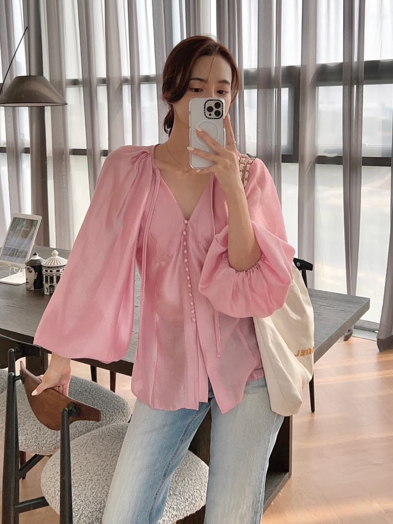 품격 V넥 벌룬 소매 쉬폰 블라우스 한국 스타일 chic 빛 요리 한 패션 명문 여성 숙녀 단색 루즈핏 빅 사이즈 상세 이미지 30