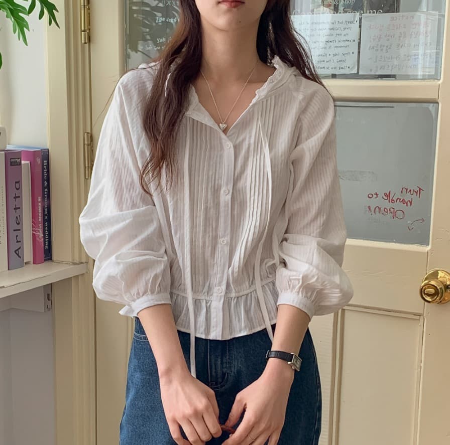 한국 chic 새로운 프랑스식 디자인 센스 밴딩 허리 수축 후드 레이스 순면 긴팔 자외선 차단 에어컨 셔츠 여성 이미지 4