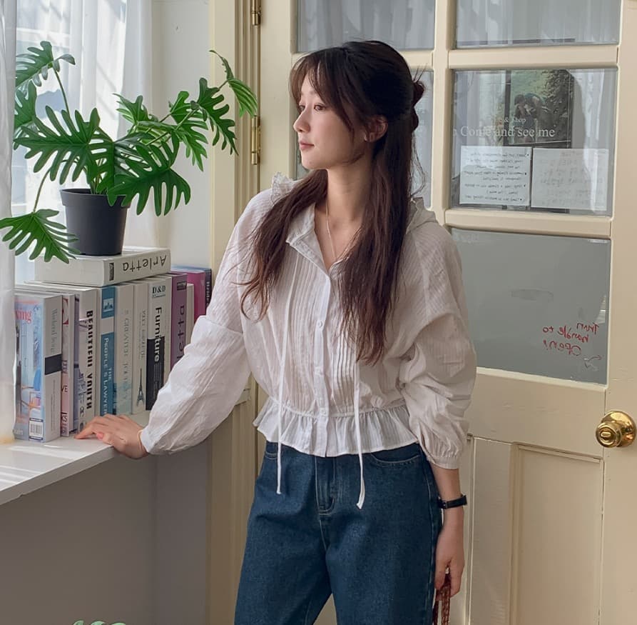 한국 chic 새로운 프랑스식 디자인 센스 밴딩 허리 수축 후드 레이스 순면 긴팔 자외선 차단 에어컨 셔츠 여성 상세 이미지 4