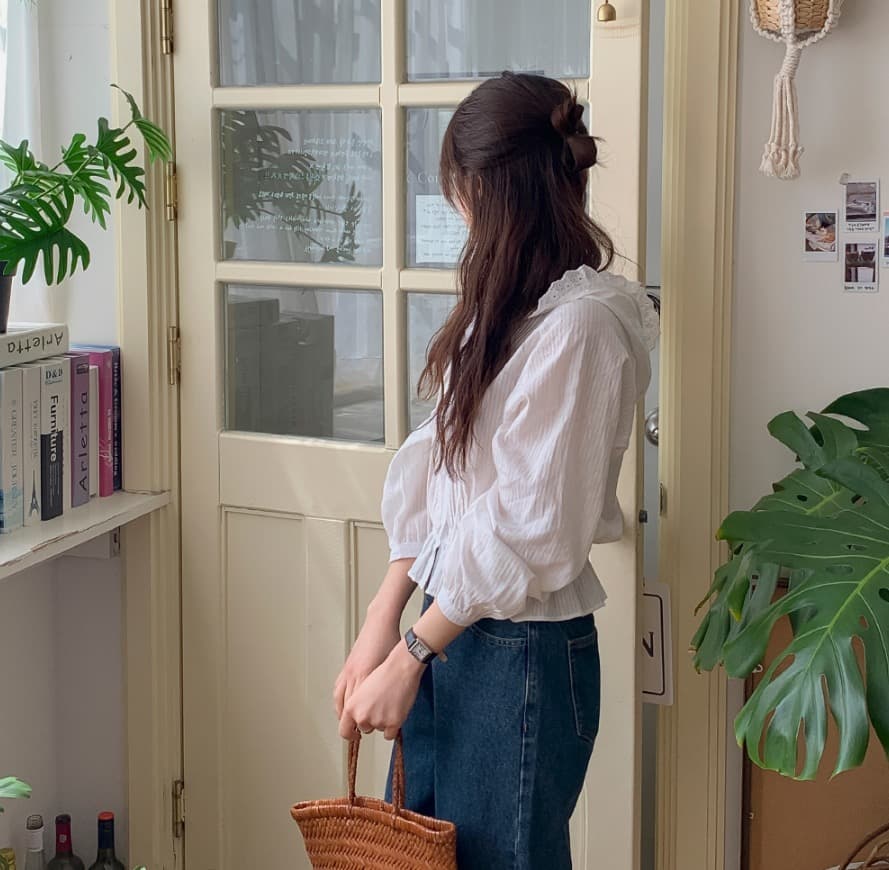 한국 chic 새로운 프랑스식 디자인 센스 밴딩 허리 수축 후드 레이스 순면 긴팔 자외선 차단 에어컨 셔츠 여성 상세 이미지 8