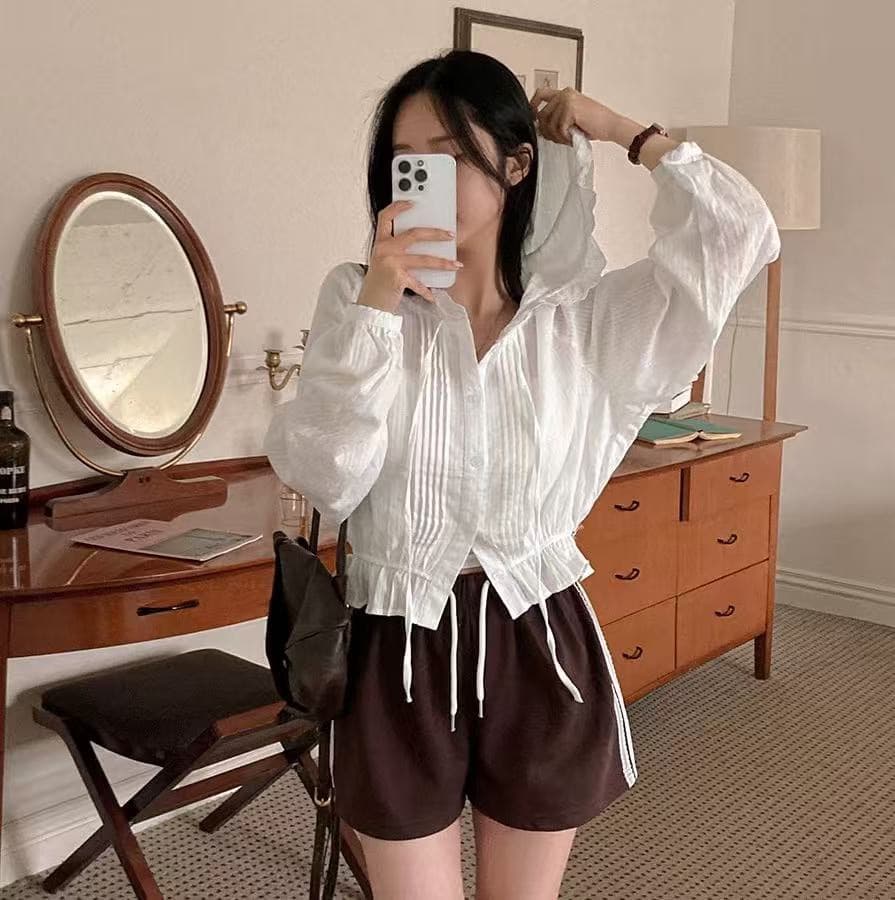 한국 chic 플리츠 패치워크 프릴 후드 여성 셔츠