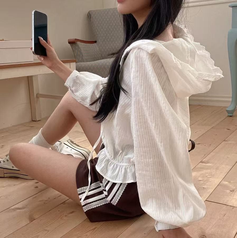 한국 chic 플리츠 패치워크 프릴 후드 여성 셔츠 상세 이미지 5