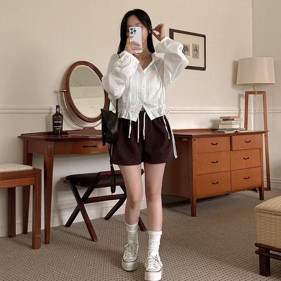 한국 chic 플리츠 패치워크 프릴 후드 여성 셔츠 상세 이미지 11
