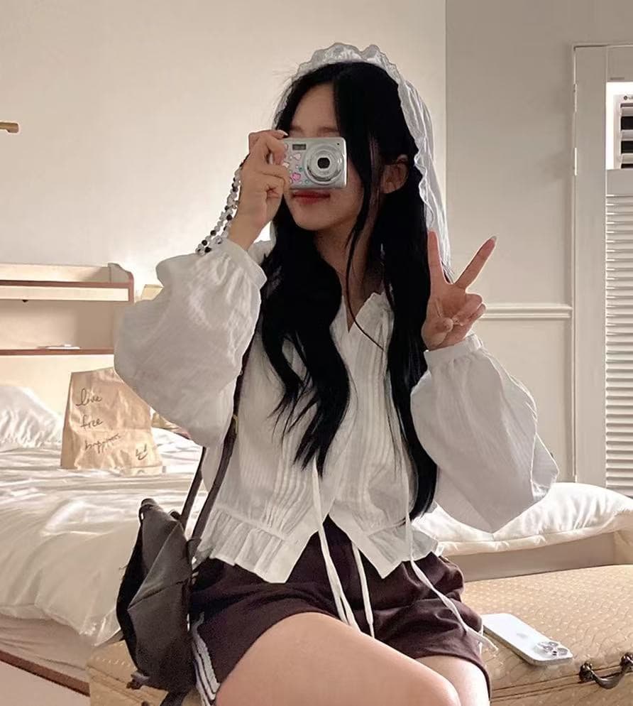 한국 chic 플리츠 패치워크 프릴 후드 여성 셔츠 상세 이미지 12