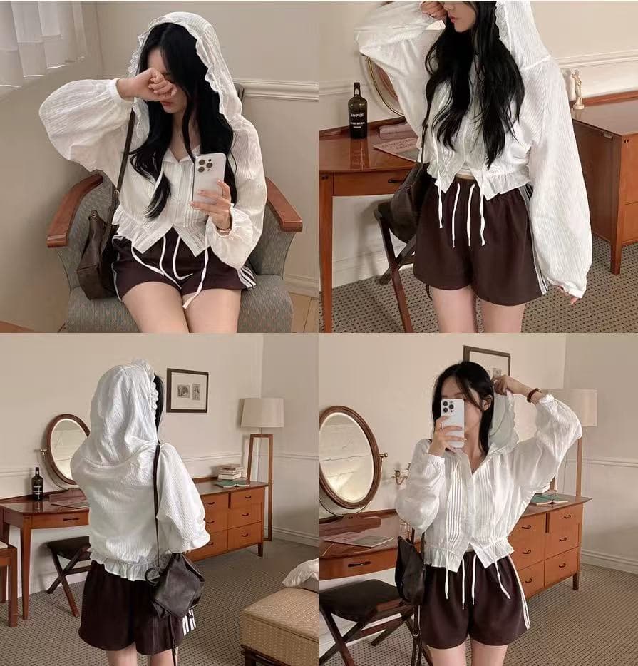 한국 chic 플리츠 패치워크 프릴 후드 여성 셔츠 상세 이미지 13