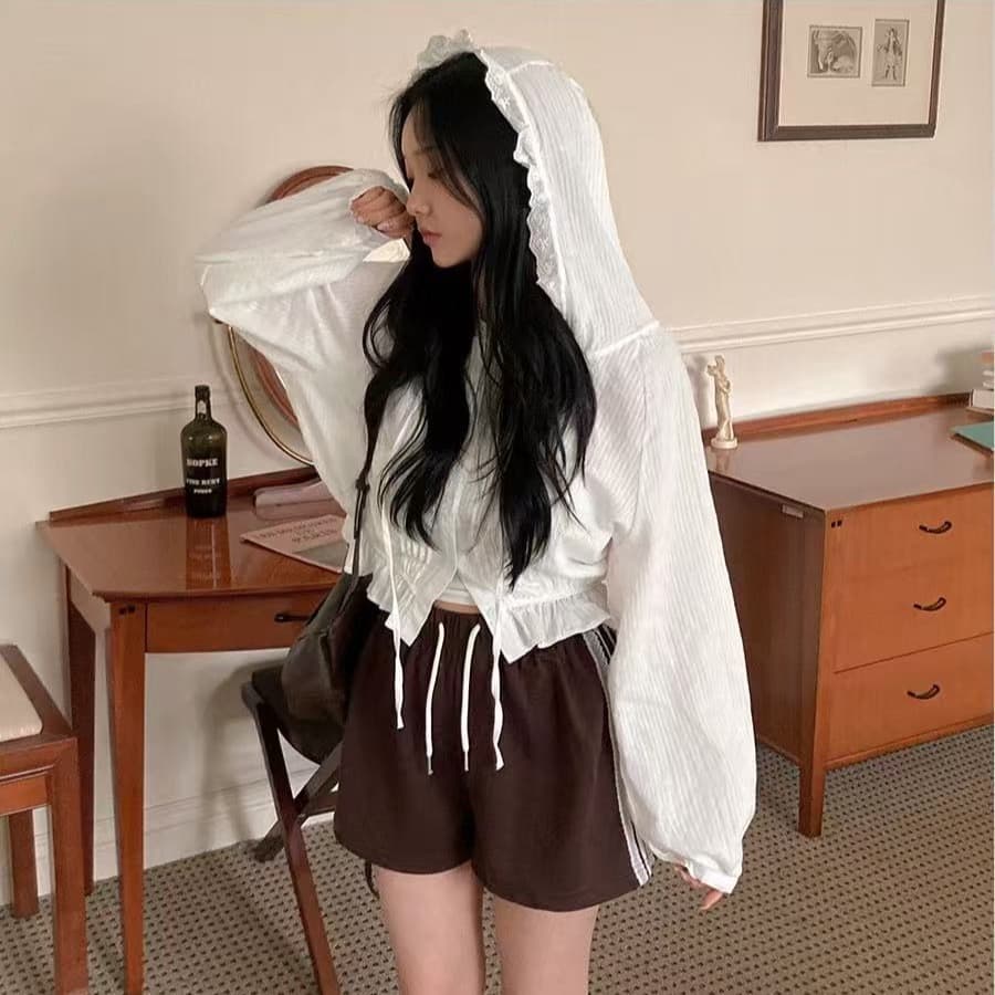 한국 chic 플리츠 패치워크 프릴 후드 여성 셔츠 상세 이미지 14