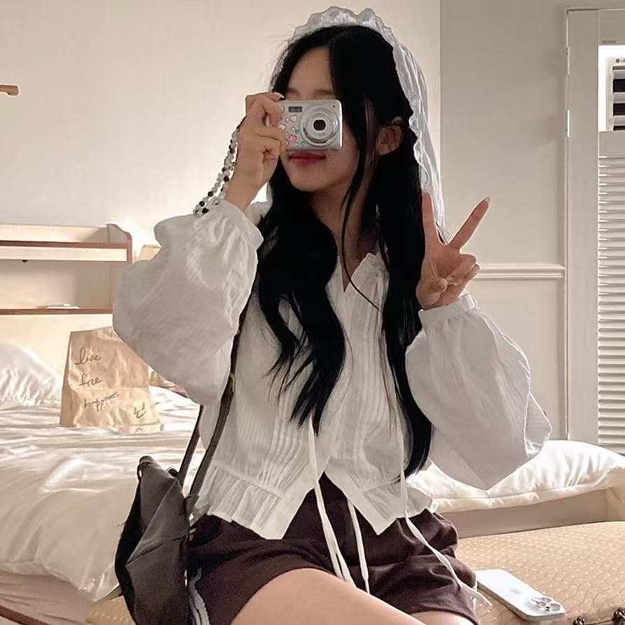 한국 chic 플리츠 패치워크 프릴 후드 여성 셔츠 상세 이미지 15