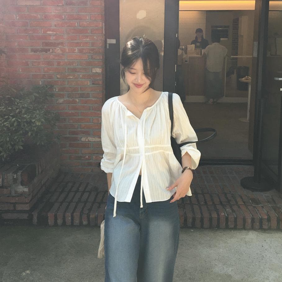 지금 한국 chic 가을의 날 긴팔 싱글 줄 버튼 리본 긴팔 자카드 셔츠
