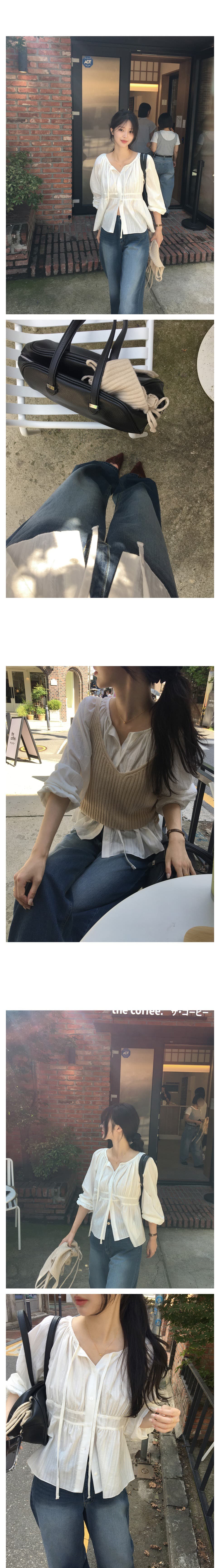 지금 한국 chic 가을의 날 긴팔 싱글 줄 버튼 리본 긴팔 자카드 셔츠 상세 이미지 3