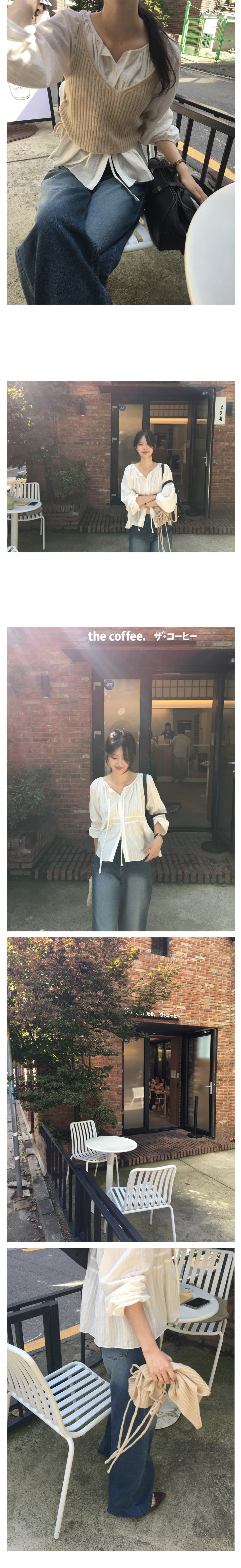 지금 한국 chic 가을의 날 긴팔 싱글 줄 버튼 리본 긴팔 자카드 셔츠 상세 이미지 4