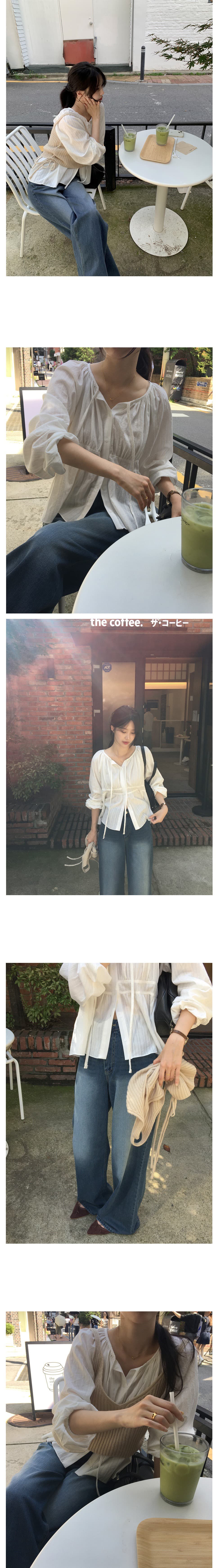 지금 한국 chic 가을의 날 긴팔 싱글 줄 버튼 리본 긴팔 자카드 셔츠 상세 이미지 5
