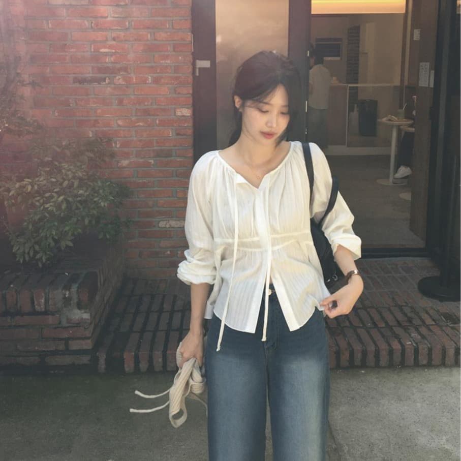지금 한국 chic 가을의 날 긴팔 싱글 줄 버튼 리본 긴팔 자카드 셔츠 상세 이미지 6