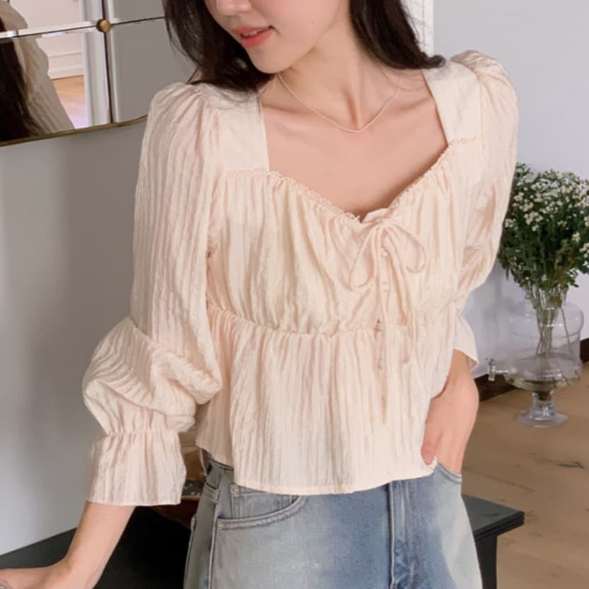 가을 고급 센스 달콤함 다용도 광장 칼라 연꽃 잎 소매 레이스업 주름 긴팔 셔츠 맨위 여성