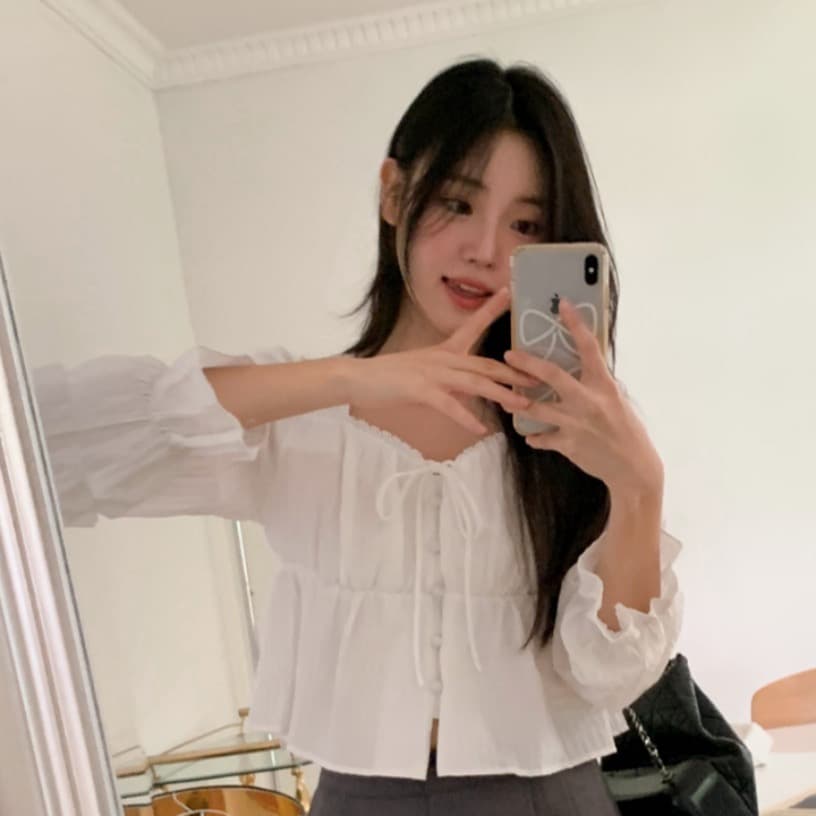 가을 고급 센스 달콤함 다용도 광장 칼라 연꽃 잎 소매 레이스업 주름 긴팔 셔츠 맨위 여성 이미지 2