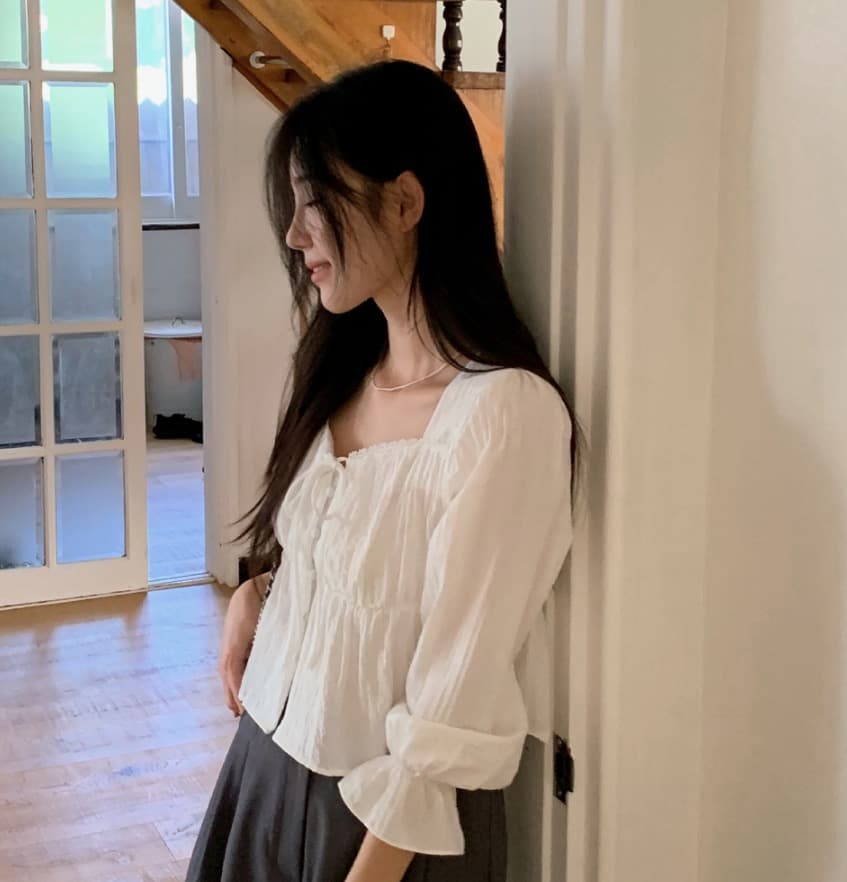 가을 고급 센스 달콤함 다용도 광장 칼라 연꽃 잎 소매 레이스업 주름 긴팔 셔츠 맨위 여성 상세 이미지 5