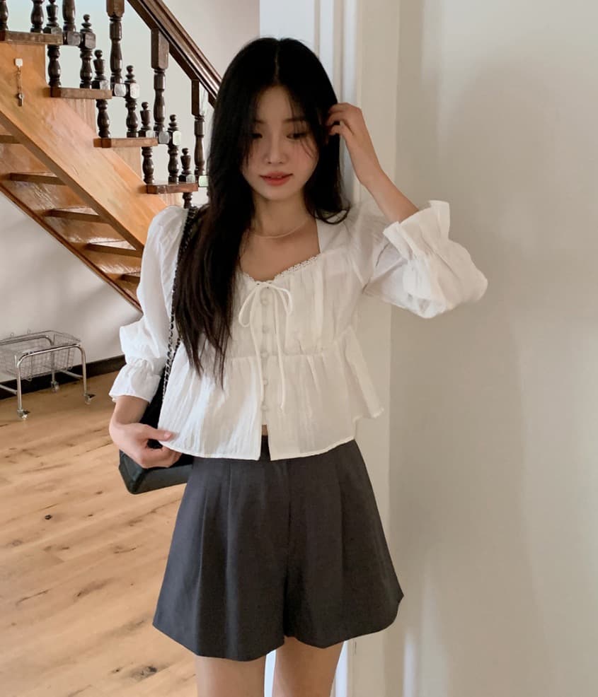 가을 고급 센스 달콤함 다용도 광장 칼라 연꽃 잎 소매 레이스업 주름 긴팔 셔츠 맨위 여성 상세 이미지 6