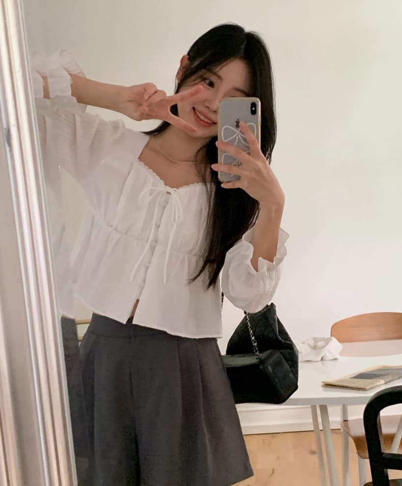 가을 고급 센스 달콤함 다용도 광장 칼라 연꽃 잎 소매 레이스업 주름 긴팔 셔츠 맨위 여성 상세 이미지 8