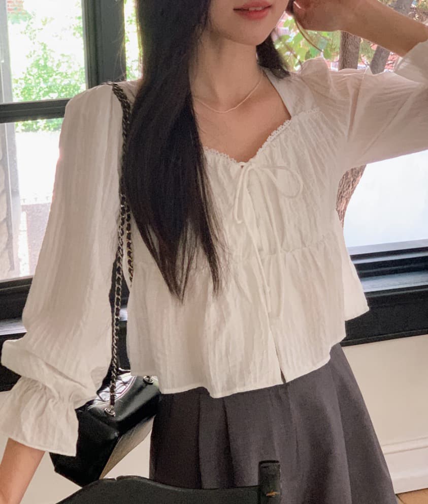 가을 고급 센스 달콤함 다용도 광장 칼라 연꽃 잎 소매 레이스업 주름 긴팔 셔츠 맨위 여성 상세 이미지 9
