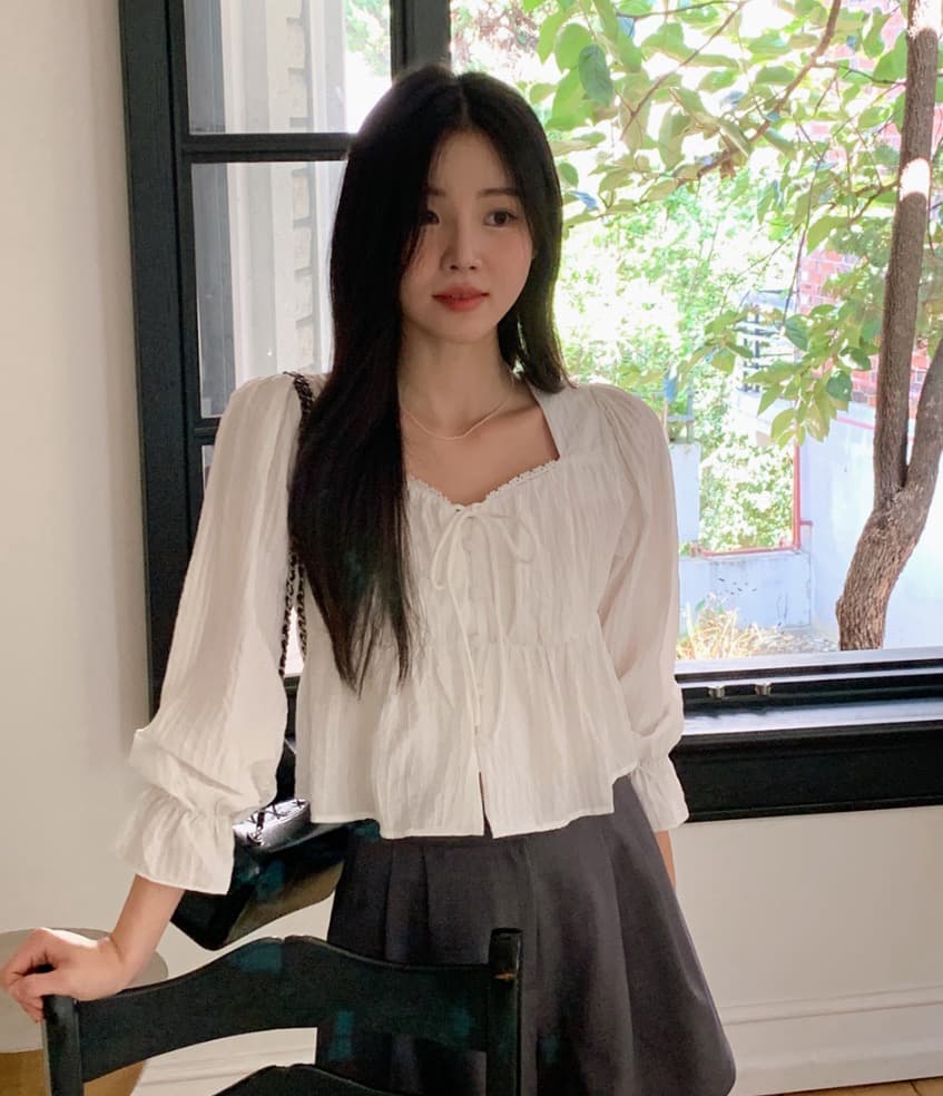 가을 고급 센스 달콤함 다용도 광장 칼라 연꽃 잎 소매 레이스업 주름 긴팔 셔츠 맨위 여성 상세 이미지 13