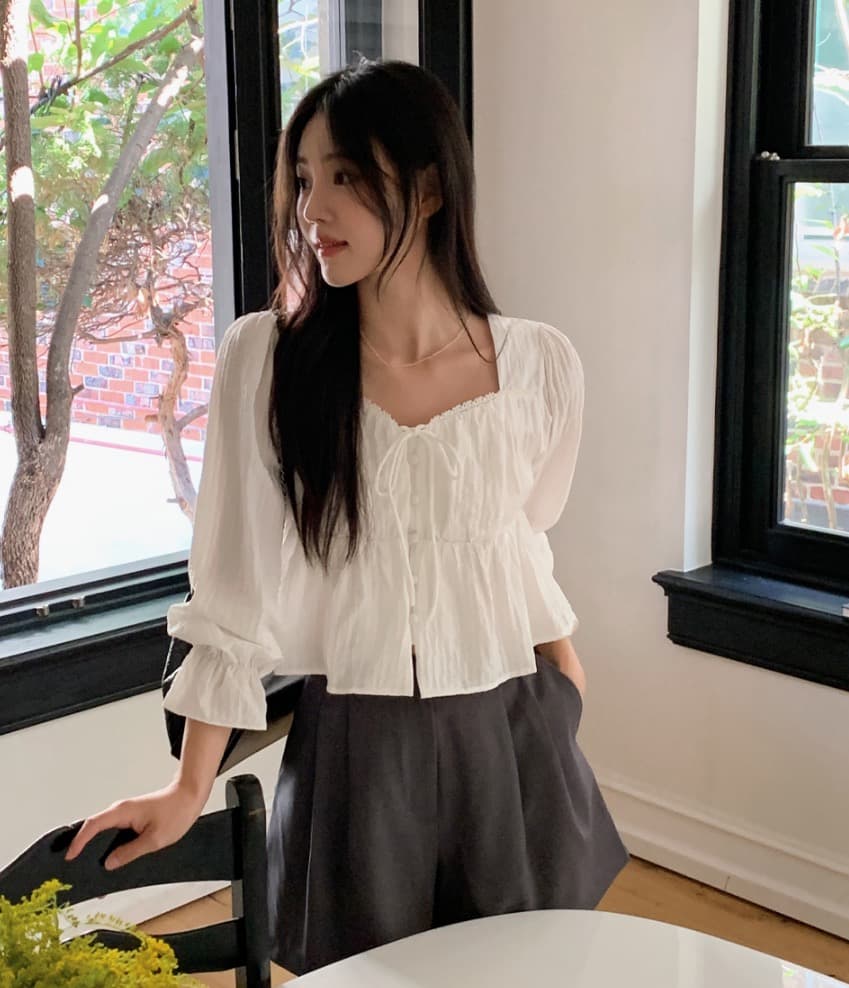 가을 고급 센스 달콤함 다용도 광장 칼라 연꽃 잎 소매 레이스업 주름 긴팔 셔츠 맨위 여성 상세 이미지 15