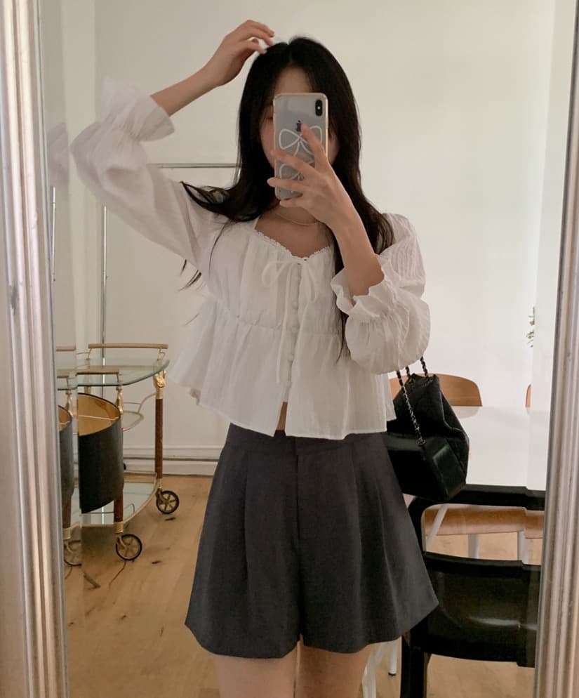 가을 고급 센스 달콤함 다용도 광장 칼라 연꽃 잎 소매 레이스업 주름 긴팔 셔츠 맨위 여성 상세 이미지 16
