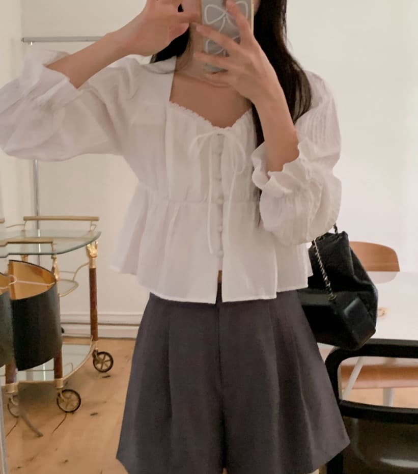가을 고급 센스 달콤함 다용도 광장 칼라 연꽃 잎 소매 레이스업 주름 긴팔 셔츠 맨위 여성 상세 이미지 17