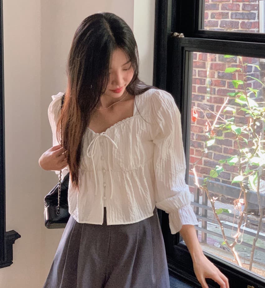 가을 고급 센스 달콤함 다용도 광장 칼라 연꽃 잎 소매 레이스업 주름 긴팔 셔츠 맨위 여성 상세 이미지 19