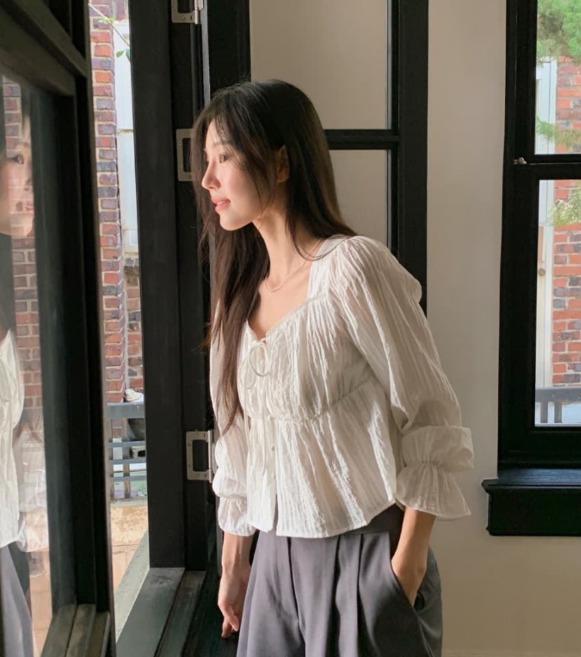 가을 고급 센스 달콤함 다용도 광장 칼라 연꽃 잎 소매 레이스업 주름 긴팔 셔츠 맨위 여성 상세 이미지 20