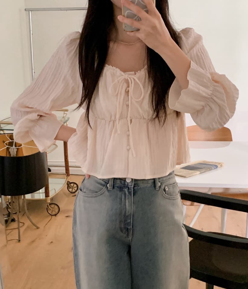 가을 고급 센스 달콤함 다용도 광장 칼라 연꽃 잎 소매 레이스업 주름 긴팔 셔츠 맨위 여성 상세 이미지 22