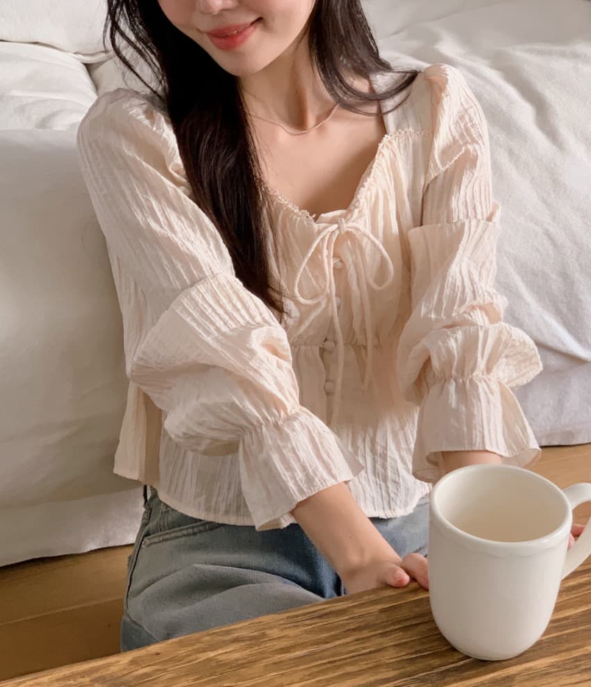 가을 고급 센스 달콤함 다용도 광장 칼라 연꽃 잎 소매 레이스업 주름 긴팔 셔츠 맨위 여성 상세 이미지 23
