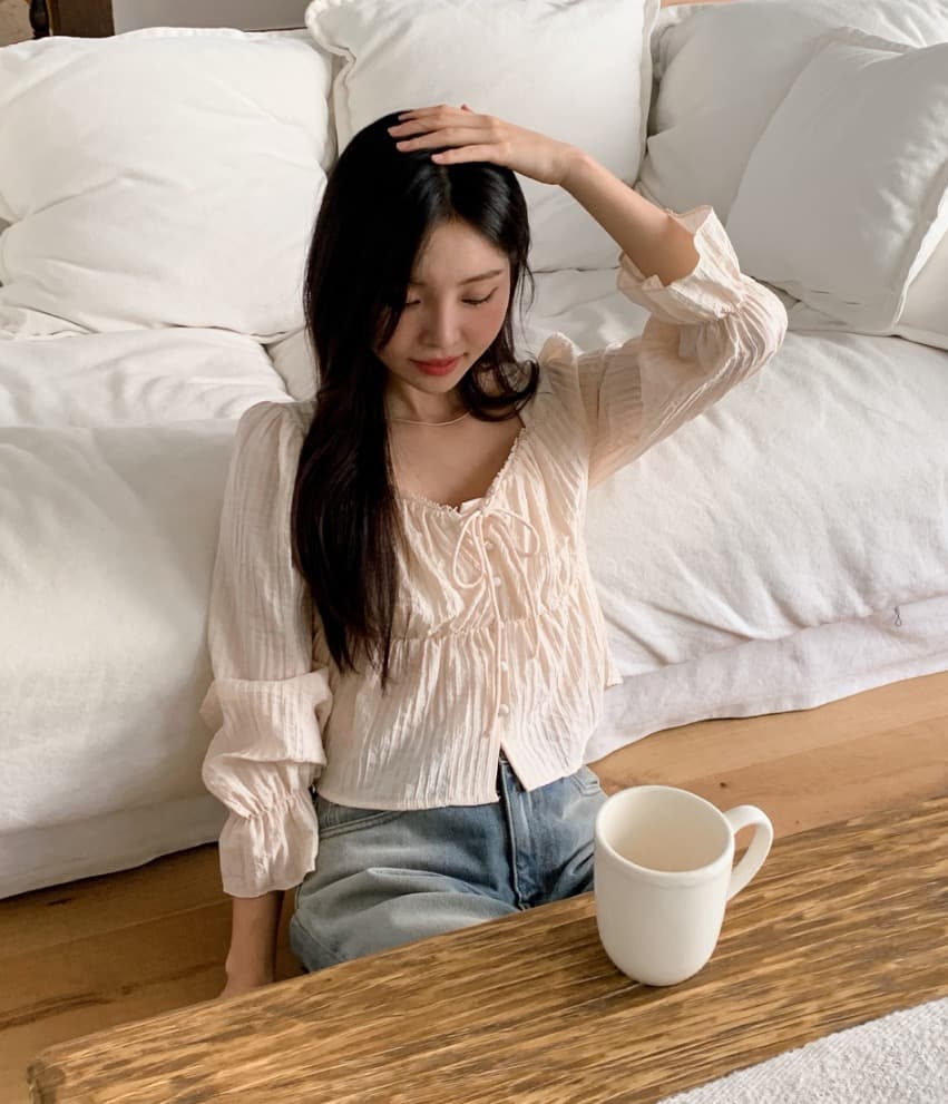 가을 고급 센스 달콤함 다용도 광장 칼라 연꽃 잎 소매 레이스업 주름 긴팔 셔츠 맨위 여성 상세 이미지 24