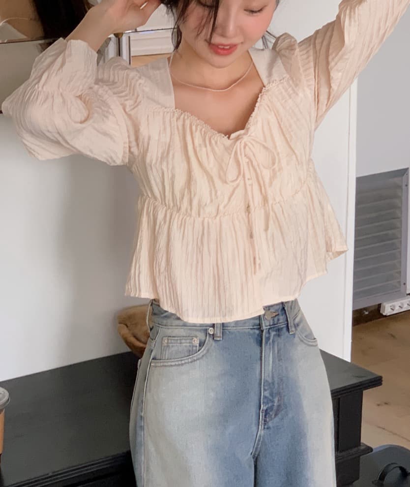 가을 고급 센스 달콤함 다용도 광장 칼라 연꽃 잎 소매 레이스업 주름 긴팔 셔츠 맨위 여성 상세 이미지 27