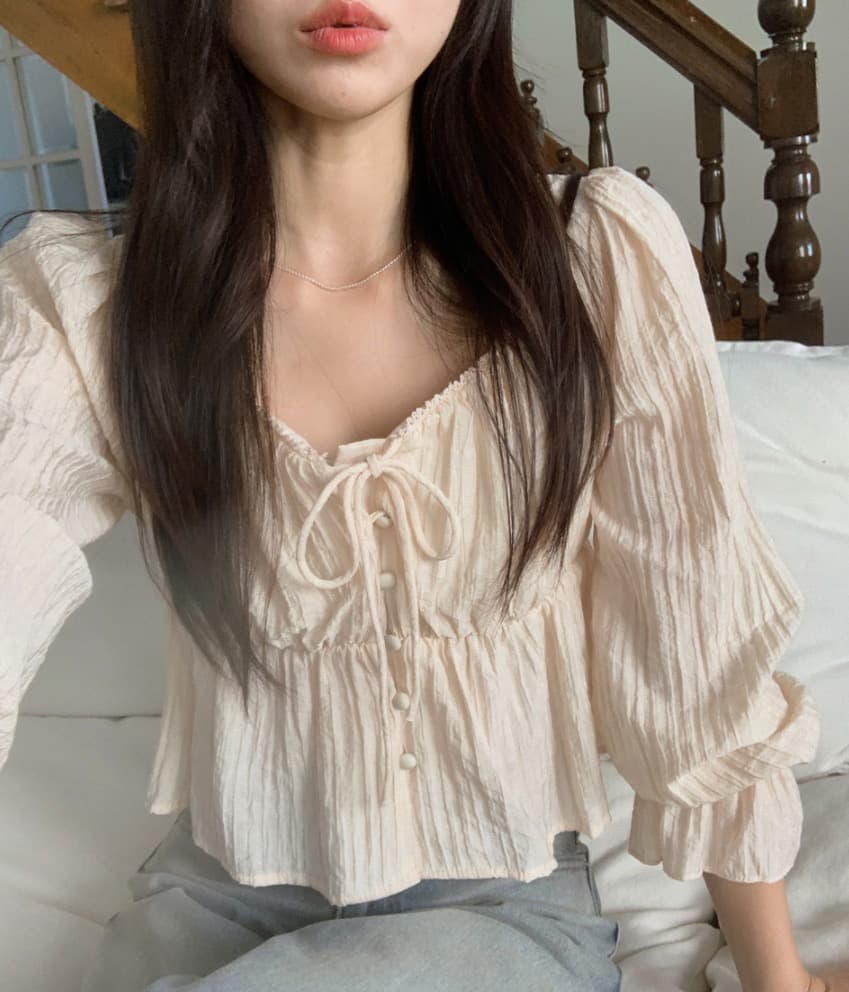 가을 고급 센스 달콤함 다용도 광장 칼라 연꽃 잎 소매 레이스업 주름 긴팔 셔츠 맨위 여성 상세 이미지 33