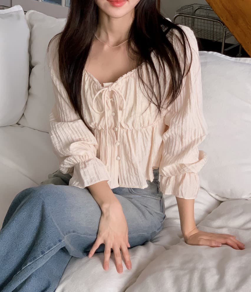 가을 고급 센스 달콤함 다용도 광장 칼라 연꽃 잎 소매 레이스업 주름 긴팔 셔츠 맨위 여성 상세 이미지 34