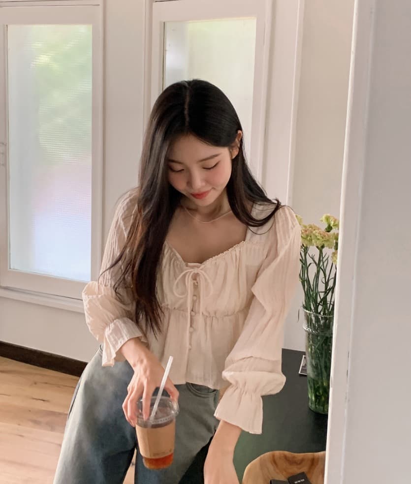 가을 고급 센스 달콤함 다용도 광장 칼라 연꽃 잎 소매 레이스업 주름 긴팔 셔츠 맨위 여성 상세 이미지 36