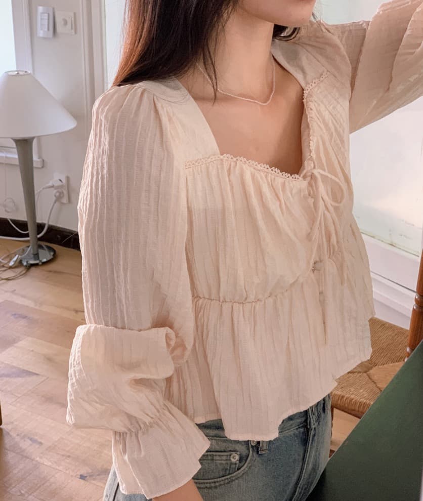 가을 고급 센스 달콤함 다용도 광장 칼라 연꽃 잎 소매 레이스업 주름 긴팔 셔츠 맨위 여성 상세 이미지 37