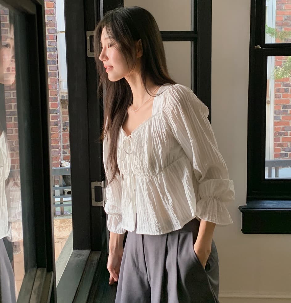가을 고급 센스 달콤함 다용도 광장 칼라 연꽃 잎 소매 레이스업 주름 긴팔 셔츠 맨위 여성 상세 이미지 40