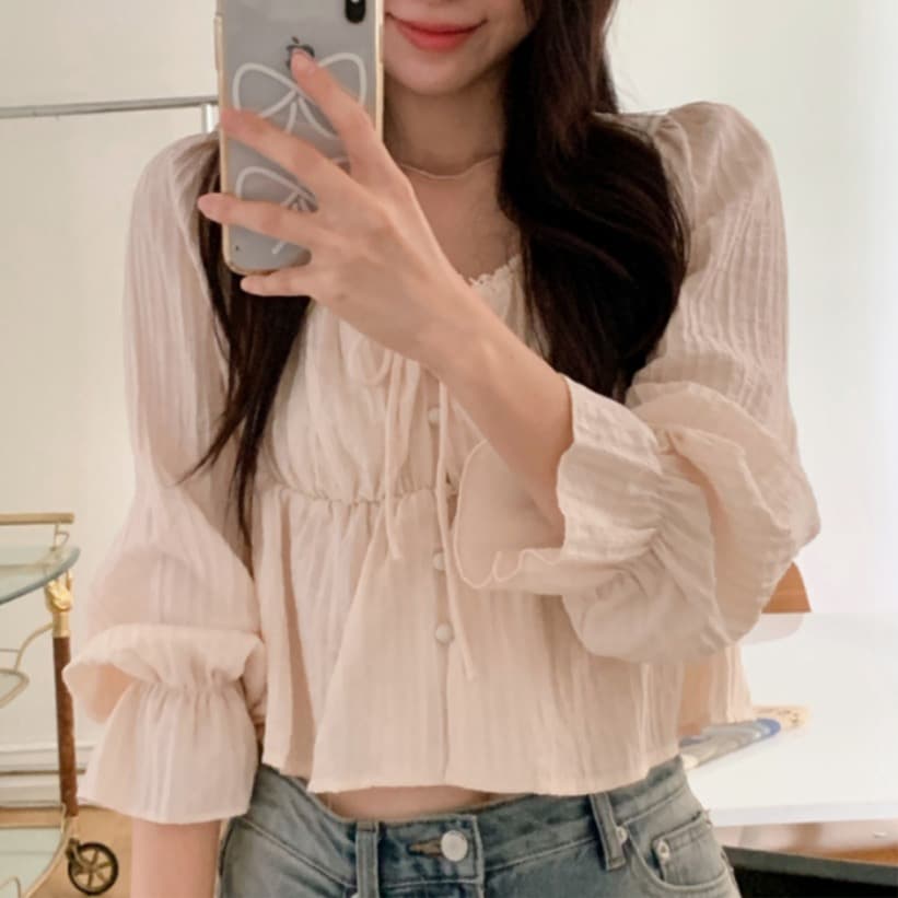 가을 고급 센스 달콤함 다용도 광장 칼라 연꽃 잎 소매 레이스업 주름 긴팔 셔츠 맨위 여성 상세 이미지 42